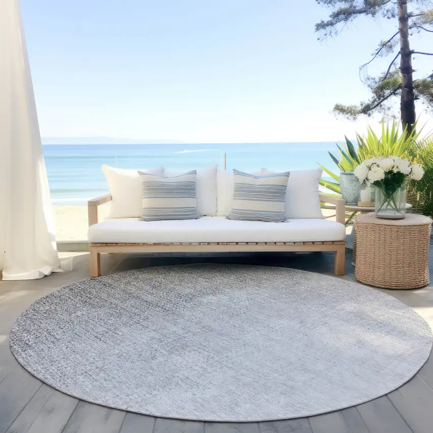 8' Gray And Silver Round Abstract Washable Indoor Outdoor Area Rug Photo 6