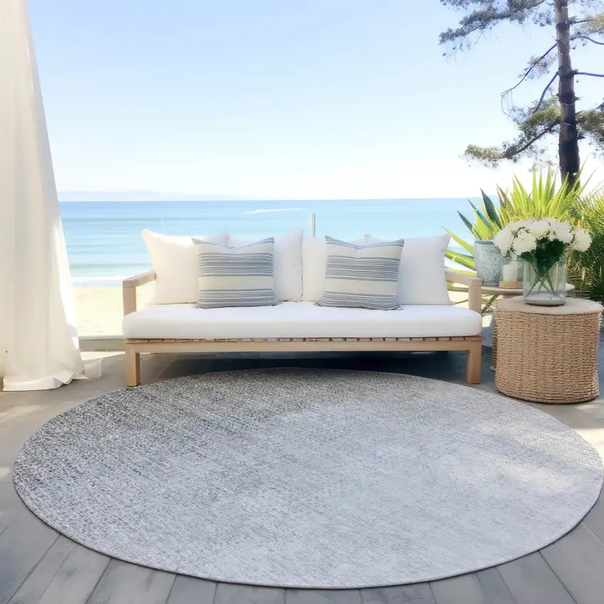 8' Gray And Silver Round Abstract Washable Indoor Outdoor Area Rug Photo 6