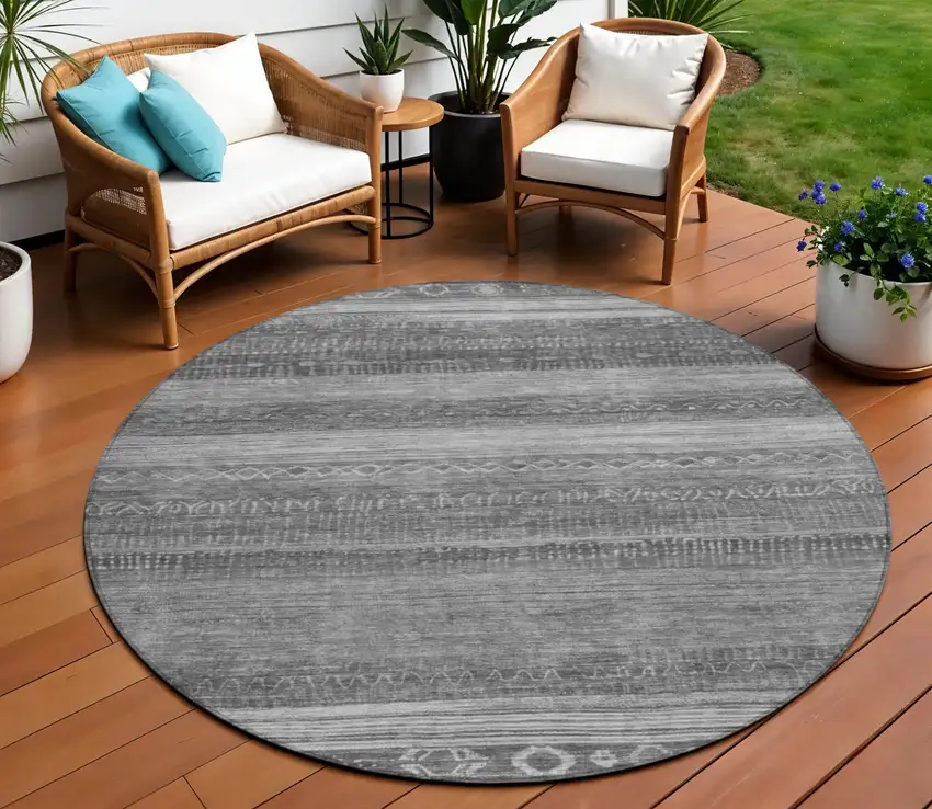 8' Gray And Silver Round Aztec Washable Indoor Outdoor Area Rug Photo 2