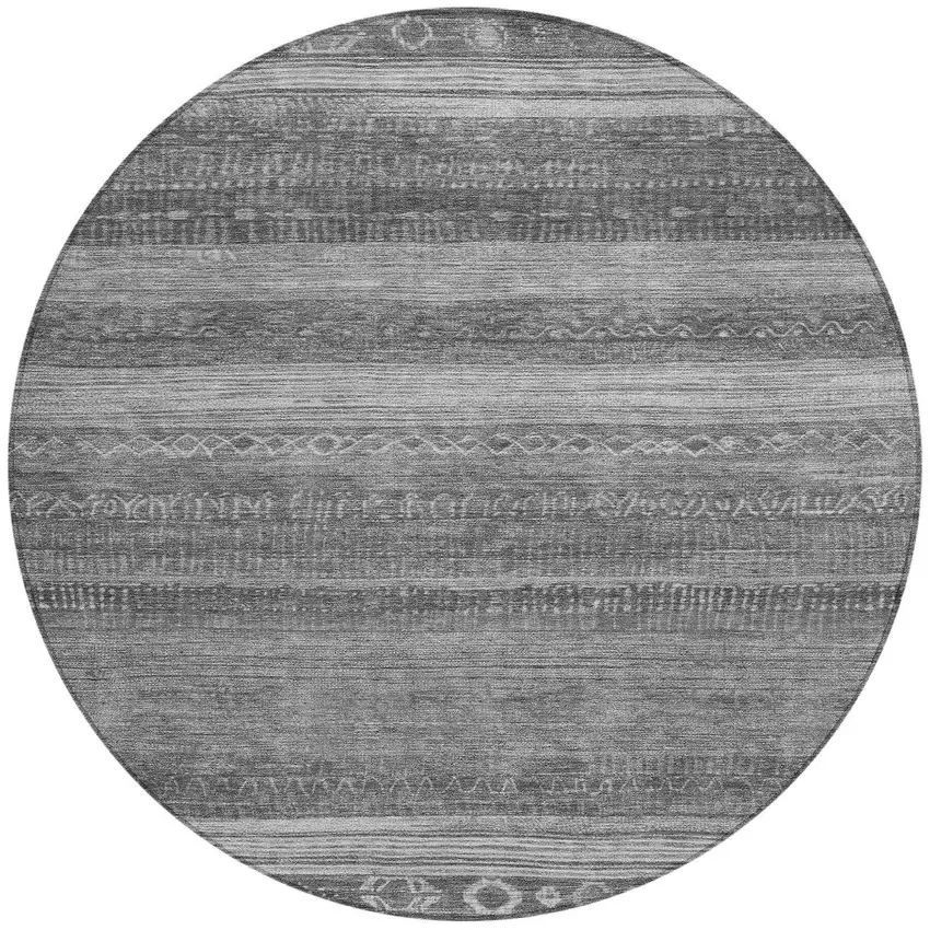 8' Gray And Silver Round Aztec Washable Indoor Outdoor Area Rug Photo 3