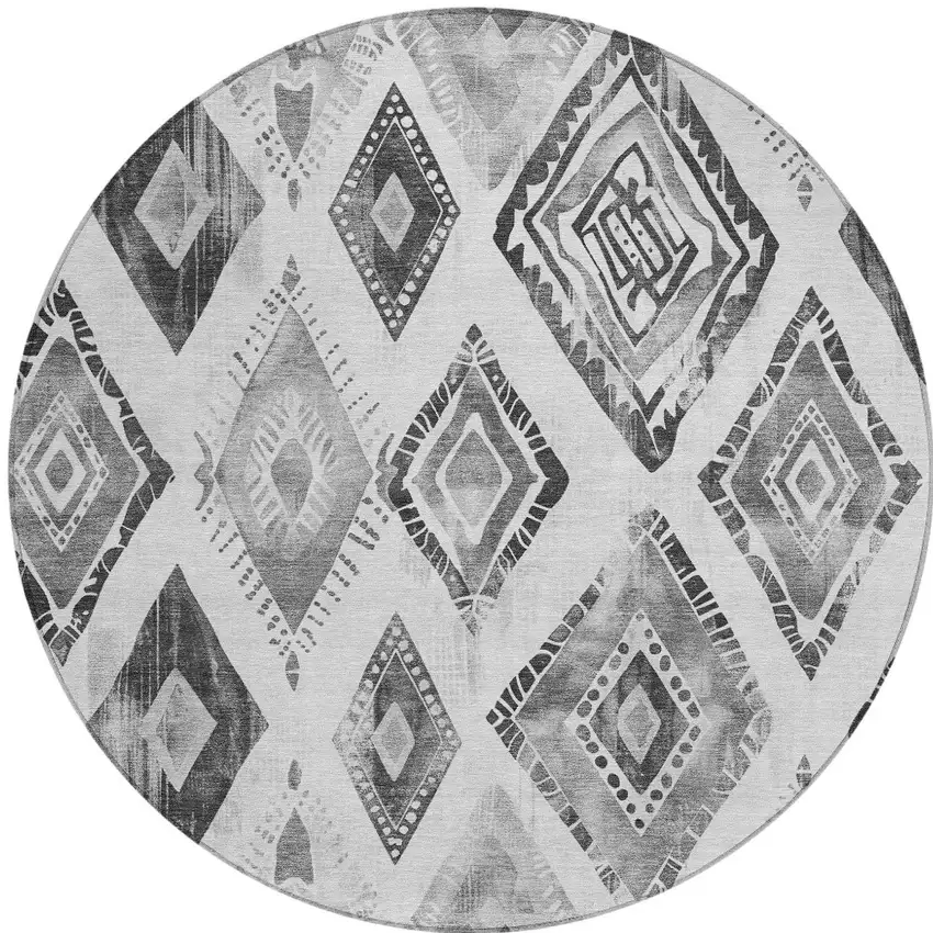 8' Gray And Silver Round Aztec Washable Indoor Outdoor Area Rug Photo 3