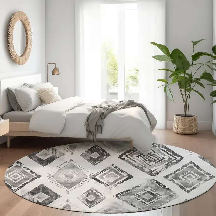 8' Gray And Silver Round Aztec Washable Indoor Outdoor Area Rug Photo 6