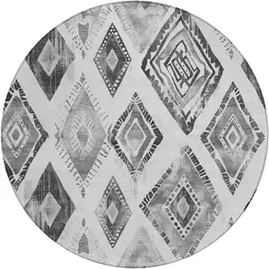 Photo of 8' Gray And Silver Round Aztec Washable Indoor Outdoor Area Rug