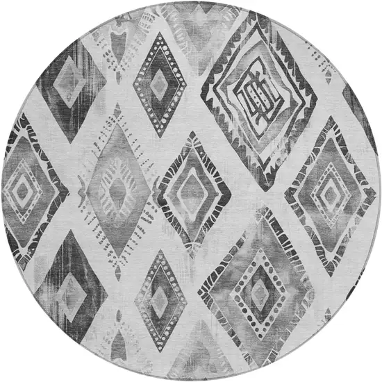8' Gray And Silver Round Aztec Washable Indoor Outdoor Area Rug Photo 1