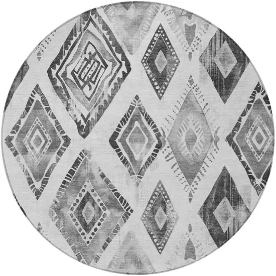 8' Gray And Silver Round Aztec Washable Indoor Outdoor Area Rug Photo 4