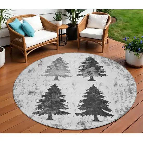 8' Gray And Silver Round Botanical Leaves Washable Indoor Outdoor Area Rug Photo 2