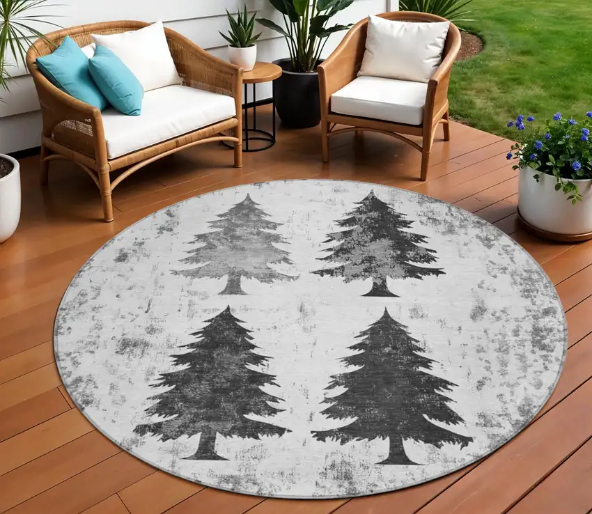 8' Gray And Silver Round Botanical Leaves Washable Indoor Outdoor Area Rug Photo 2