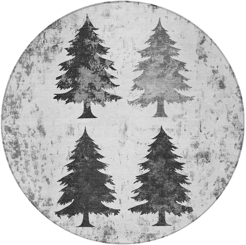 8' Gray And Silver Round Botanical Leaves Washable Indoor Outdoor Area Rug Photo 3