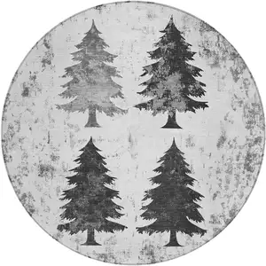 Photo of 8' Gray And Silver Round Botanical Leaves Washable Indoor Outdoor Area Rug