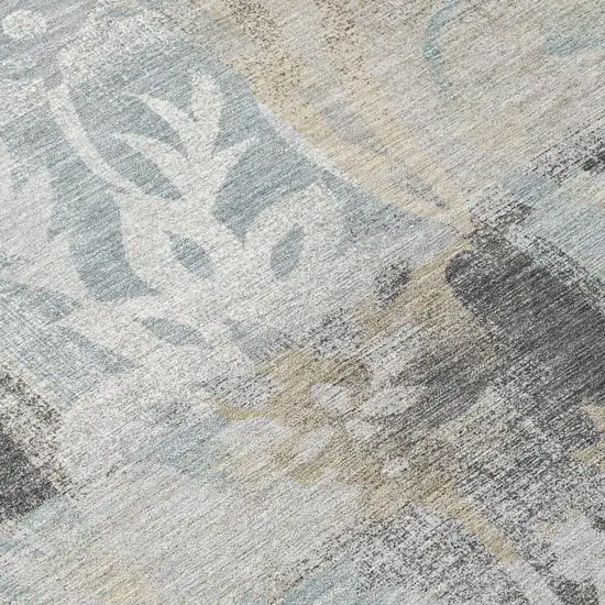 8' Gray And Silver Round Botanical Leaves Washable Indoor Outdoor Area Rug Photo 5
