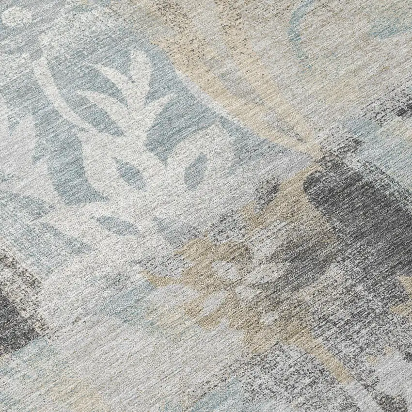 8' Gray And Silver Round Botanical Leaves Washable Indoor Outdoor Area Rug Photo 5