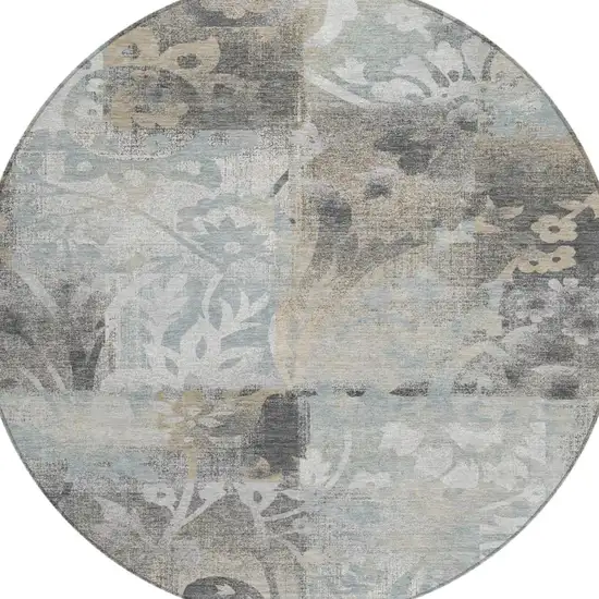 8' Gray And Silver Round Botanical Leaves Washable Indoor Outdoor Area Rug Photo 3