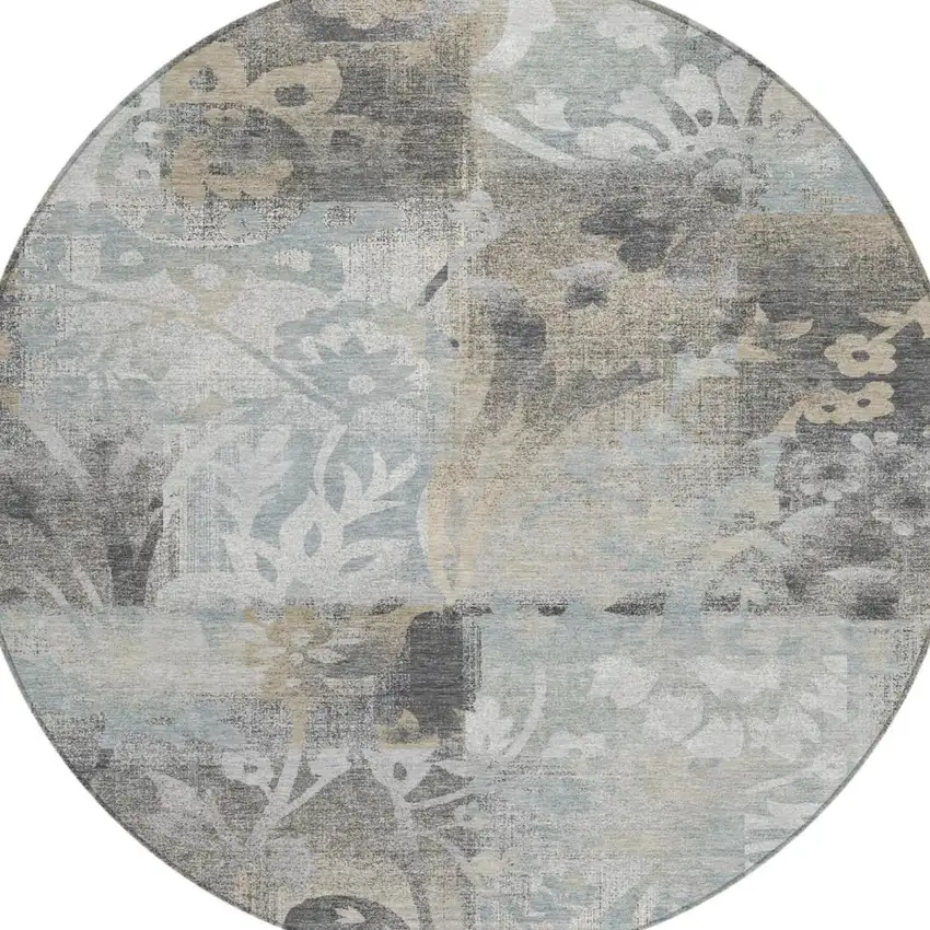 8' Gray And Silver Round Botanical Leaves Washable Indoor Outdoor Area Rug Photo 3