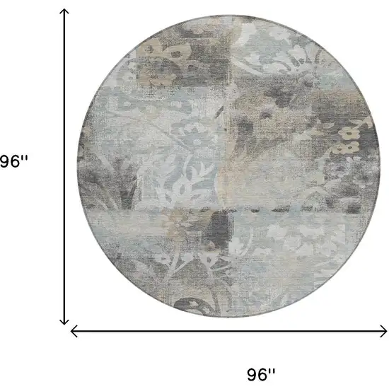 8' Gray And Silver Round Botanical Leaves Washable Indoor Outdoor Area Rug Photo 6