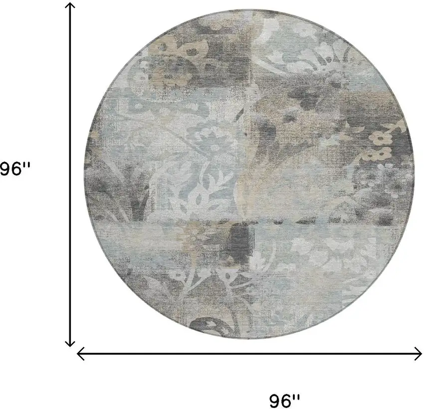 8' Gray And Silver Round Botanical Leaves Washable Indoor Outdoor Area Rug Photo 6