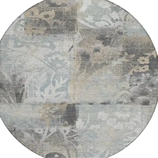 8' Gray And Silver Round Botanical Leaves Washable Indoor Outdoor Area Rug Photo 2