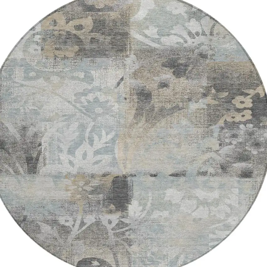 8' Gray And Silver Round Botanical Leaves Washable Indoor Outdoor Area Rug Photo 2