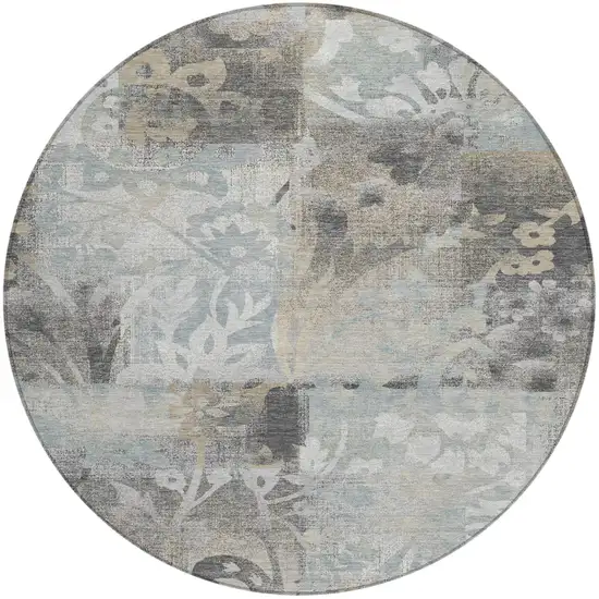 8' Gray And Silver Round Botanical Leaves Washable Indoor Outdoor Area Rug Photo 1