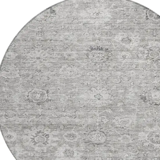 8' Gray And Silver Round Damask Washable Indoor Outdoor Area Rug Photo 5
