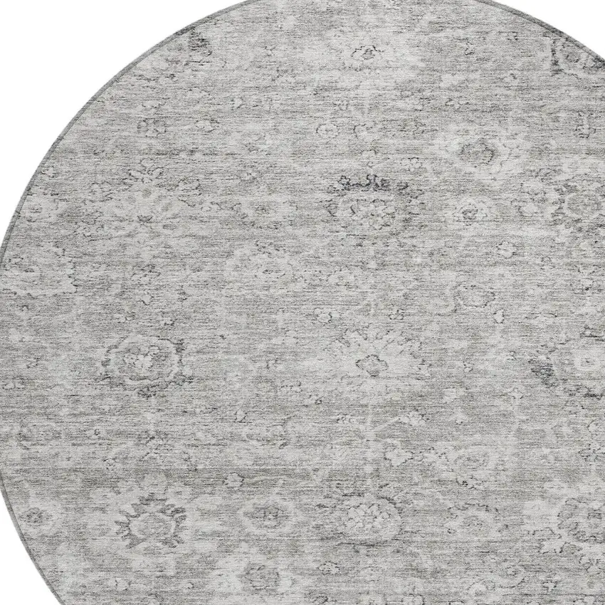 8' Gray And Silver Round Damask Washable Indoor Outdoor Area Rug Photo 5