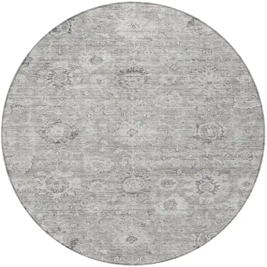 8' Gray And Silver Round Damask Washable Indoor Outdoor Area Rug Photo 6
