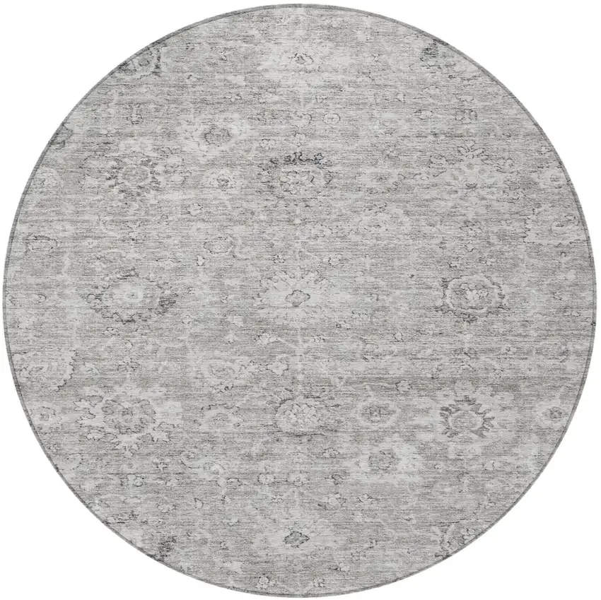 8' Gray And Silver Round Damask Washable Indoor Outdoor Area Rug Photo 6
