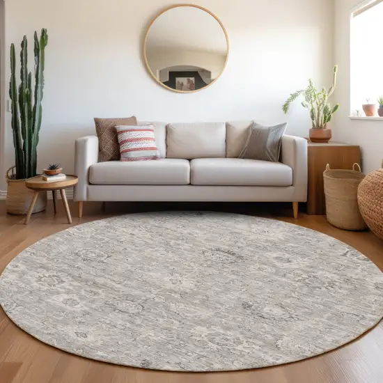 8' Gray And Silver Round Damask Washable Indoor Outdoor Area Rug Photo 8