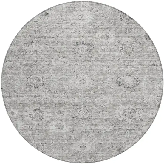 8' Gray And Silver Round Damask Washable Indoor Outdoor Area Rug Photo 2