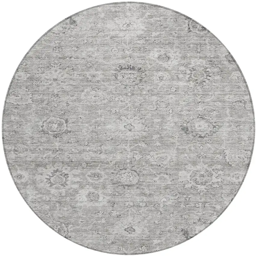 8' Gray And Silver Round Damask Washable Indoor Outdoor Area Rug Photo 2