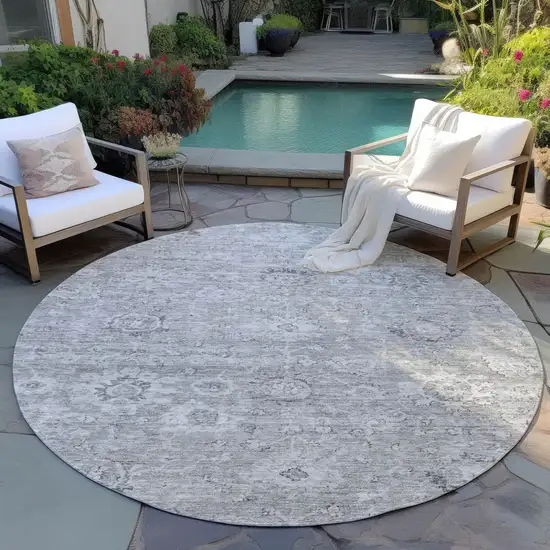 8' Gray And Silver Round Damask Washable Indoor Outdoor Area Rug Photo 7