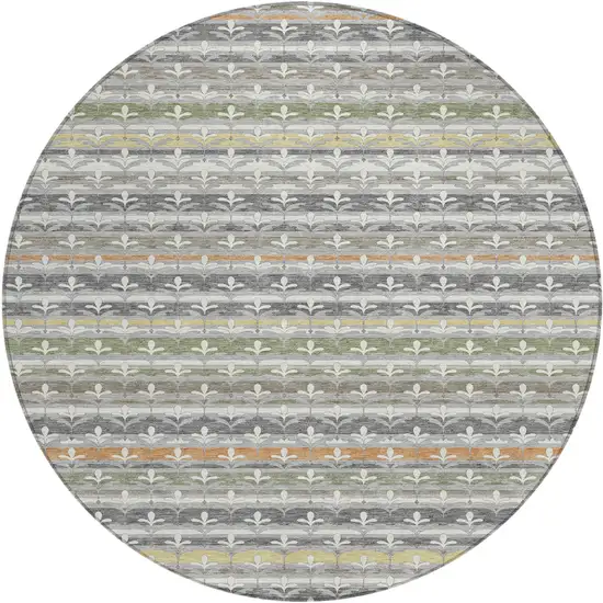 8' Gray And Silver Round Damask Washable Indoor Outdoor Area Rug Photo 1