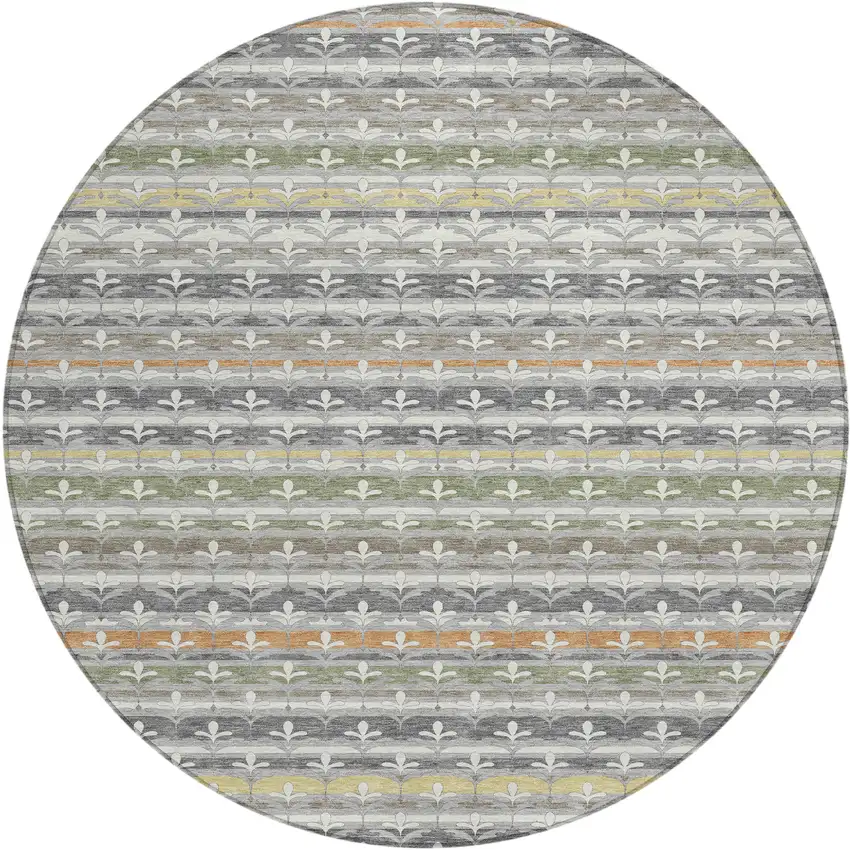 8' Gray And Silver Round Damask Washable Indoor Outdoor Area Rug Photo 1