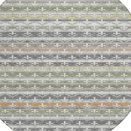 8' Gray And Silver Round Damask Washable Indoor Outdoor Area Rug Photo 2