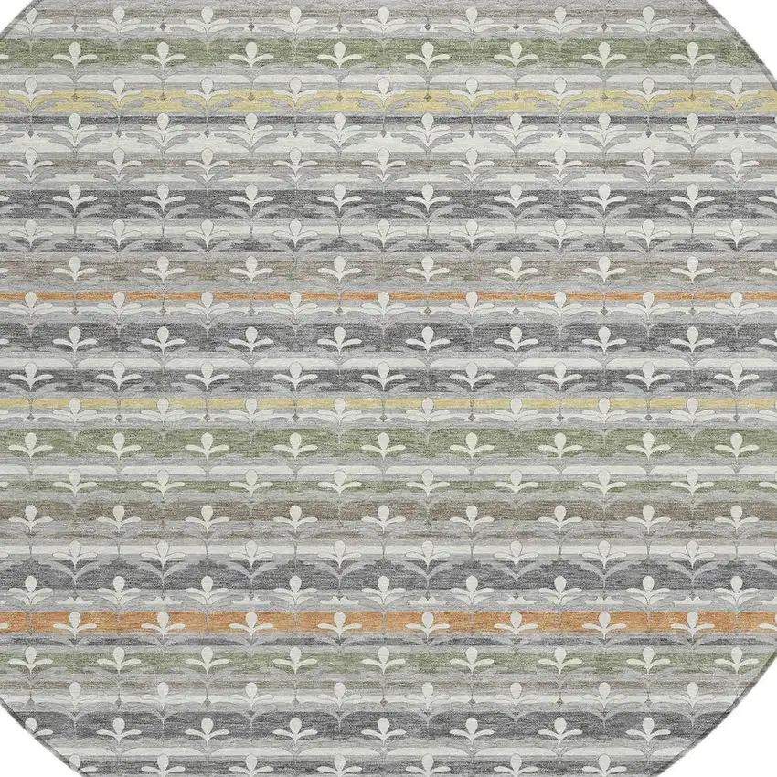8' Gray And Silver Round Damask Washable Indoor Outdoor Area Rug Photo 2