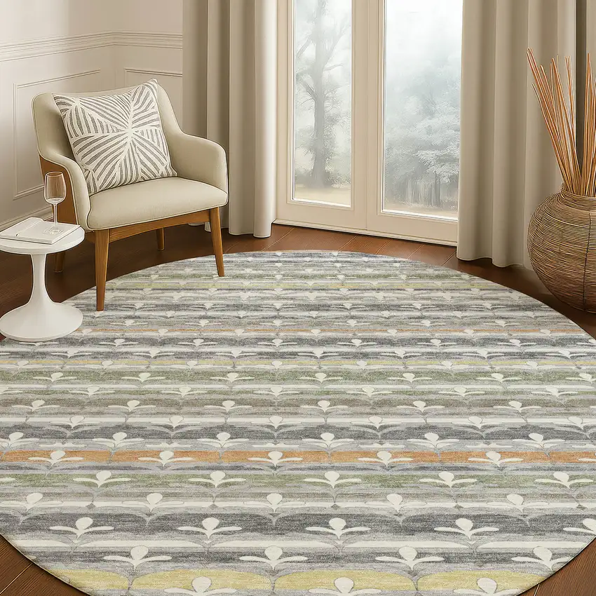 8' Gray And Silver Round Damask Washable Indoor Outdoor Area Rug Photo 5