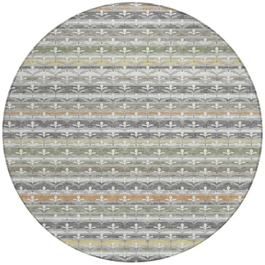 8' Gray And Silver Round Damask Washable Indoor Outdoor Area Rug Photo 3
