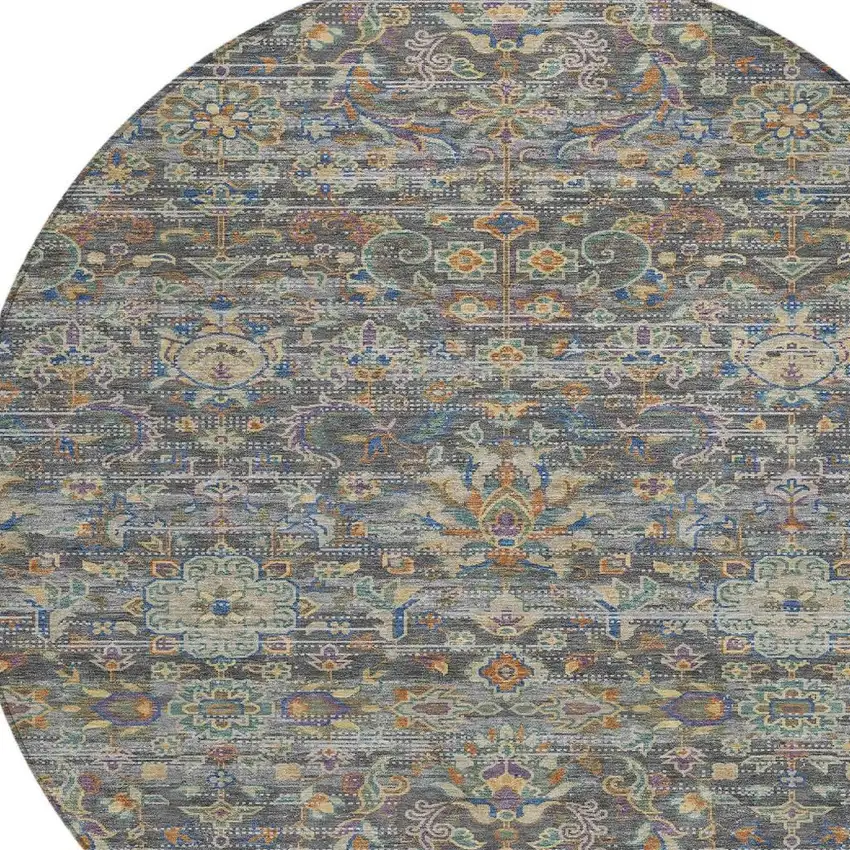 8' Gray And Silver Round Floral Medallion Washable Indoor Outdoor Area Rug Photo 3