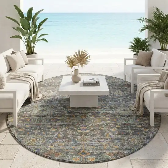 8' Gray And Silver Round Floral Medallion Washable Indoor Outdoor Area Rug Photo 1