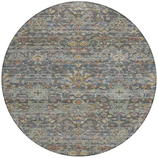 8' Gray And Silver Round Floral Medallion Washable Indoor Outdoor Area Rug Photo 4