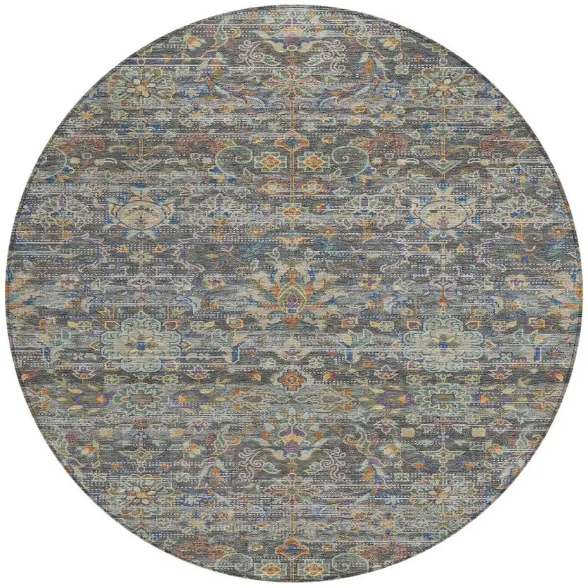 8' Gray And Silver Round Floral Medallion Washable Indoor Outdoor Area Rug Photo 4