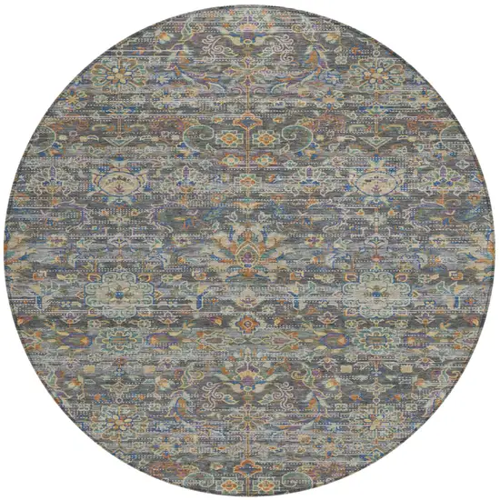 8' Gray And Silver Round Floral Medallion Washable Indoor Outdoor Area Rug Photo 2