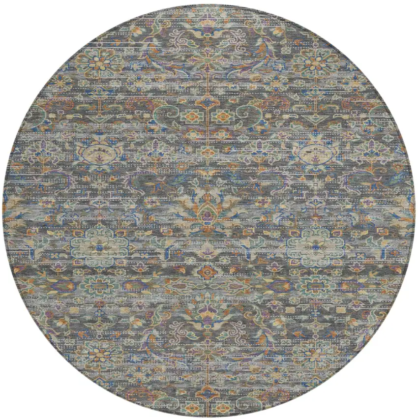 8' Gray And Silver Round Floral Medallion Washable Indoor Outdoor Area Rug Photo 2