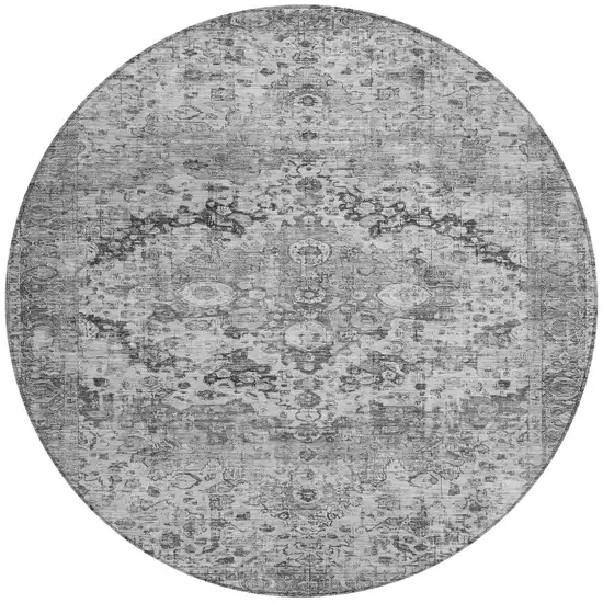 8' Gray And Silver Round Floral Washable Indoor Outdoor Area Rug Photo 4