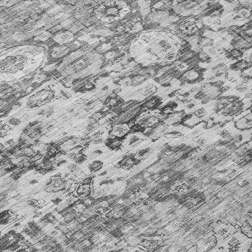 8' Gray And Silver Round Floral Washable Indoor Outdoor Area Rug Photo 9