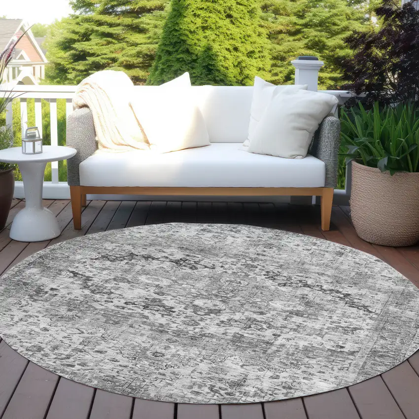 8' Gray And Silver Round Floral Washable Indoor Outdoor Area Rug Photo 5