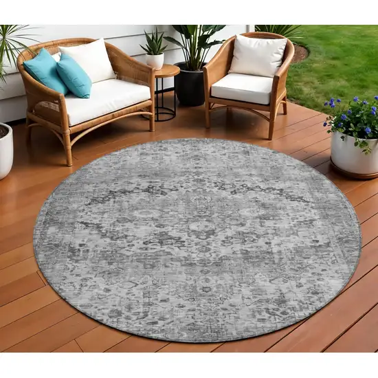 8' Gray And Silver Round Floral Washable Indoor Outdoor Area Rug Photo 2