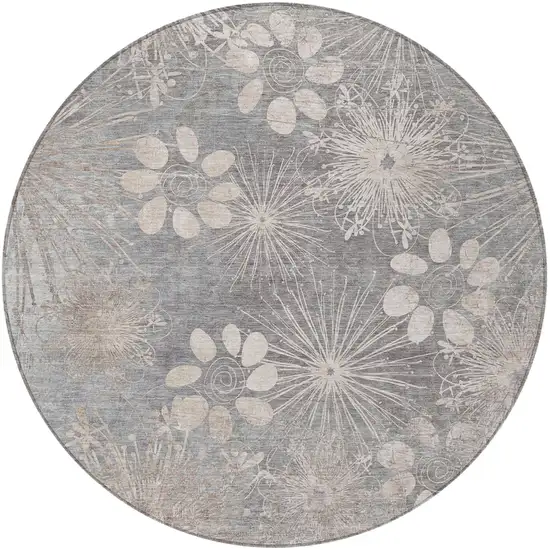 8' Gray And Silver Round Floral Washable Indoor Outdoor Area Rug Photo 4