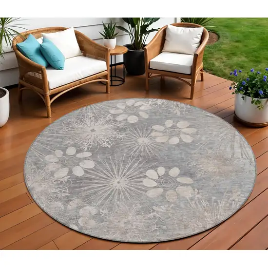 8' Gray And Silver Round Floral Washable Indoor Outdoor Area Rug Photo 1