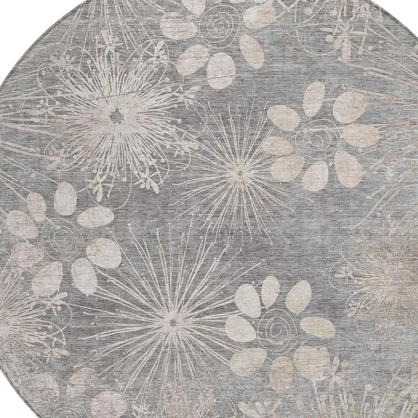 8' Gray And Silver Round Floral Washable Indoor Outdoor Area Rug Photo 6