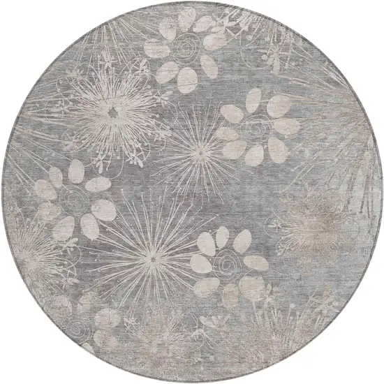 8' Gray And Silver Round Floral Washable Indoor Outdoor Area Rug Photo 2